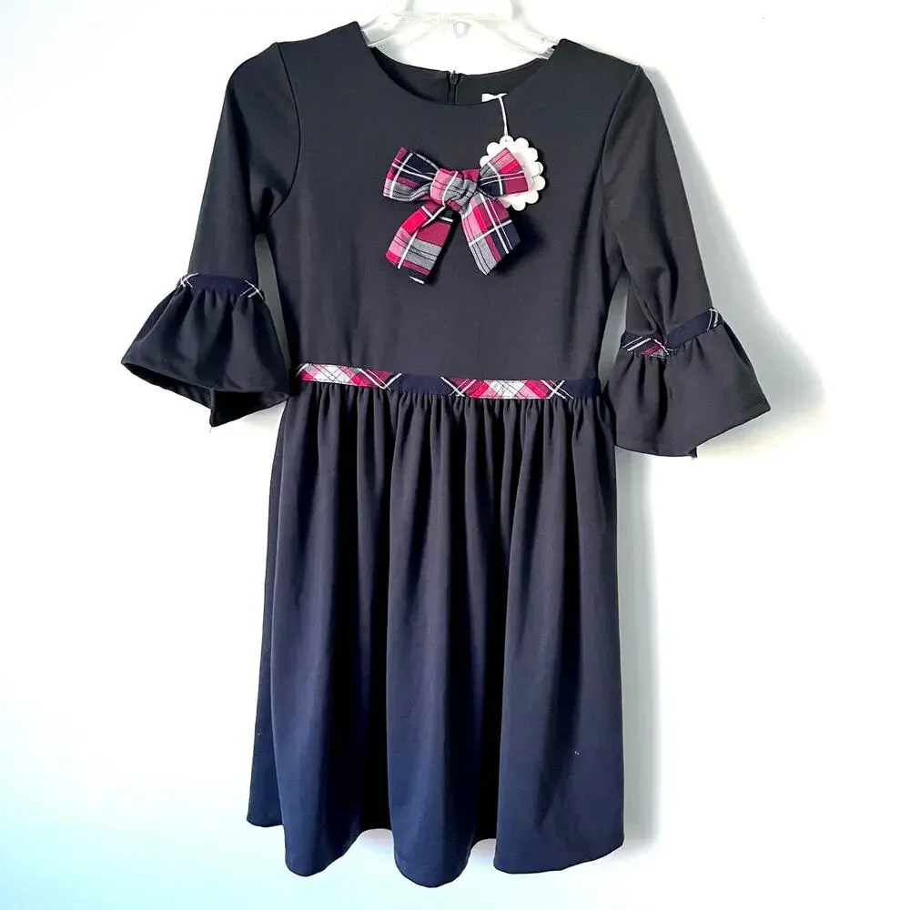 Patachou Girls Navy Holiday Dress Plaid Tartan Bow NWT Size 12 Portugal New